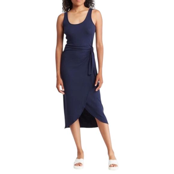 Socialite Scoop Neck Ribbed Knit Wrap Tie Midi Dress Navy Blue Size XS - Picture 3 of 12